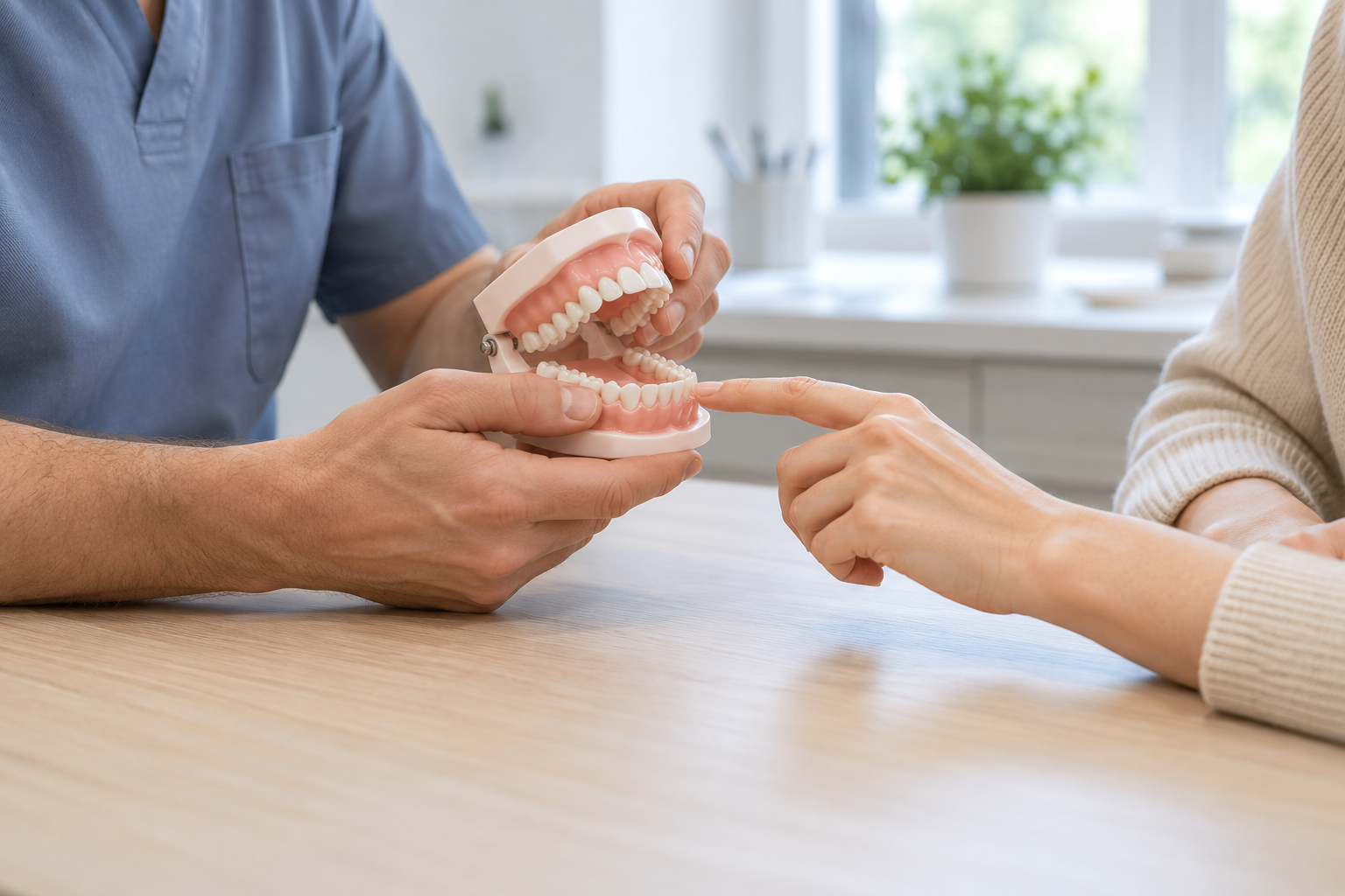 KI-Beispielfoto: Eine Behandlerhand hält ein Zahnmodell, eine Patientin zeigt auf die Zähne.